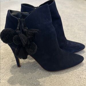 Zara Navy Heeled Boots with Pom-Pom Detail